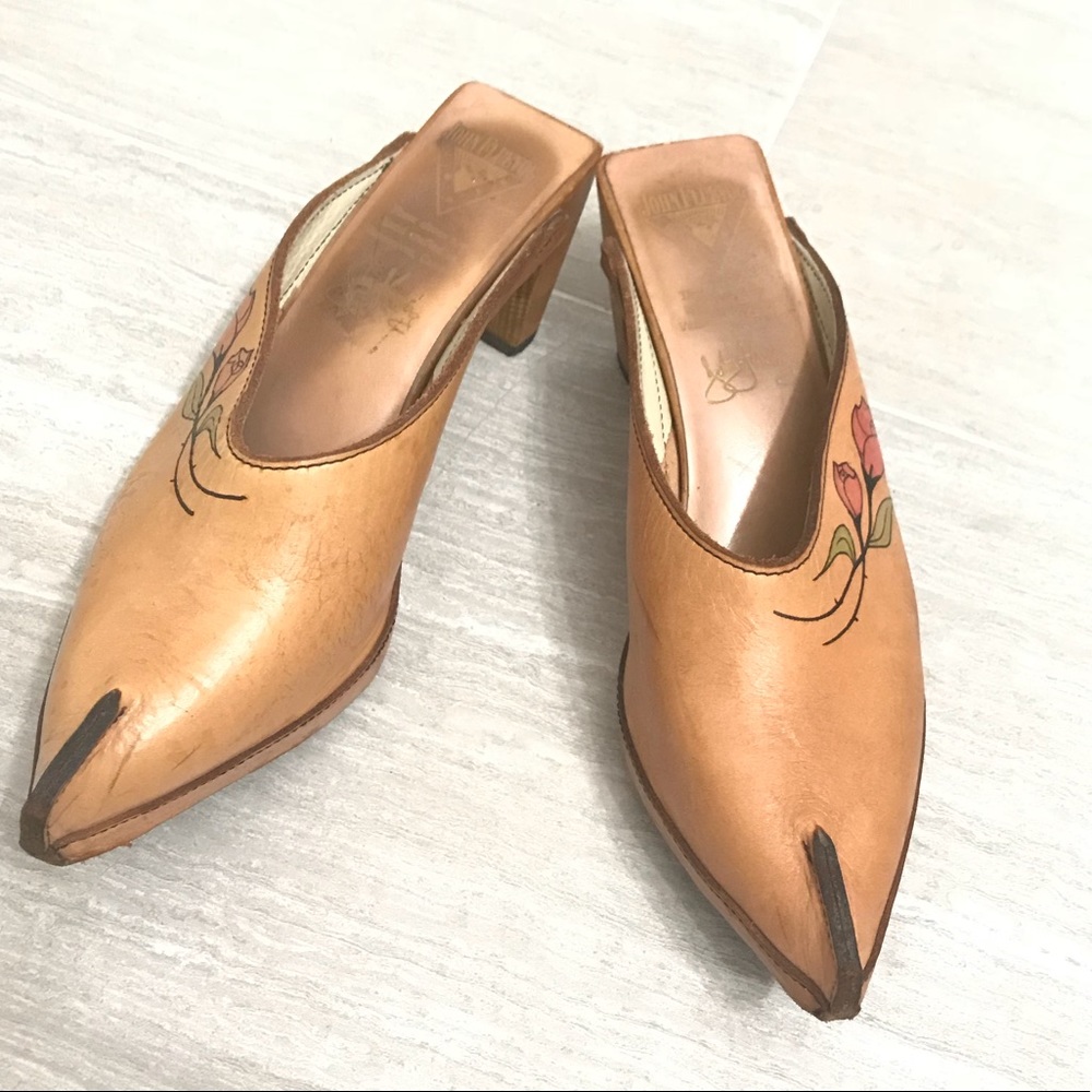 John Fluevog Tan Leather Pointed Mules with Floral Detail